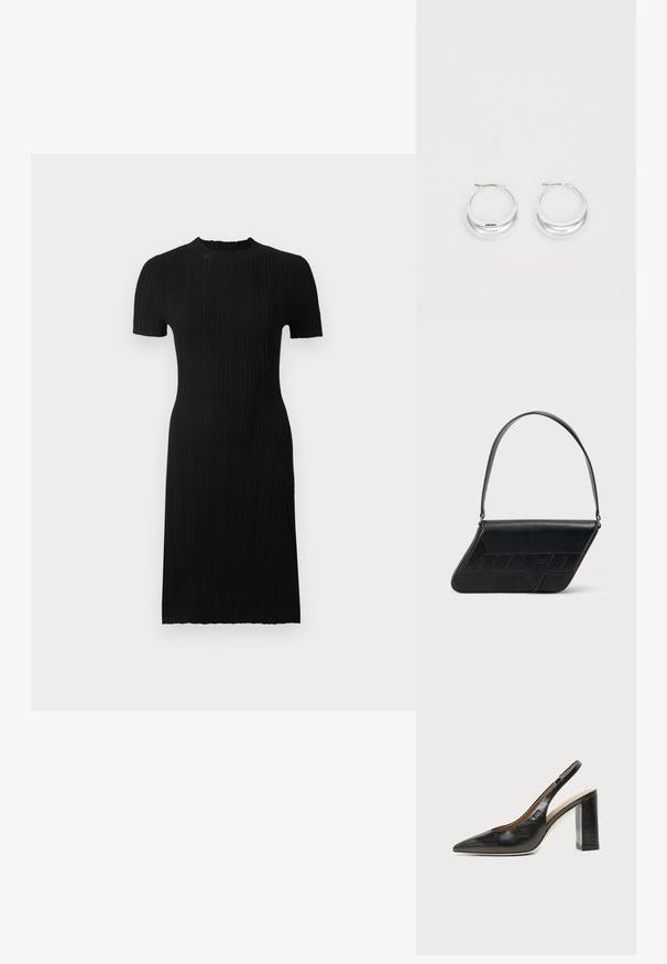 Vestido negro de canalé con mangas cortas, escote redondo, silueta ajustada y hasta la rodilla. Hecho de una tela texturizada con líneas verticales.; Zapato slingback de piel negra con puntera puntiaguda, tacón alto y ancho, y forro interior beige sobre un fondo claro y liso.; Bolso de hombro de cuero negro con forma triangular, logo en relieve y una sola correa ajustable. Diseño minimalista con textura suave.; Pendientes de aro de plata con un acabado pulido y la marca DKNY, exhibidos sobre un fondo blanco liso.