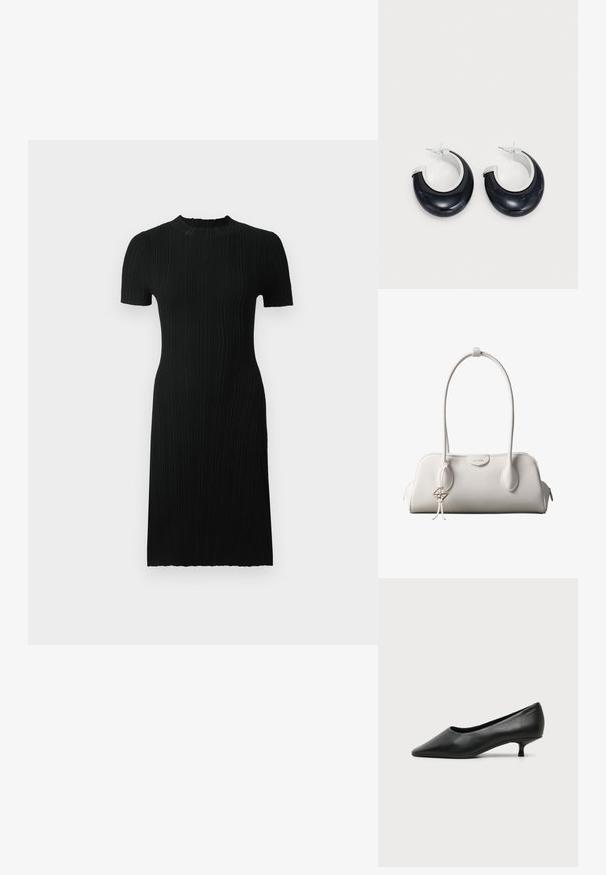 Vestido negro de canalé con mangas cortas, escote redondo, silueta ajustada y hasta la rodilla. Hecho de una tela texturizada con líneas verticales.; Zapato de mujer negro de cuero con tacón bajo, puntera puntiaguda y pequeño tacón kitten sobre fondo claro liso.; Bolso de hombro blanco de Calvin Klein con asas largas, forma rectangular, cierre de cremallera y charm decorativo con el logo colgando cerca del asa.; Pendientes de aro de resina negra con acabado brillante y acentos de hardware en tono plateado. Forma circular con un corte y cierre a presión.