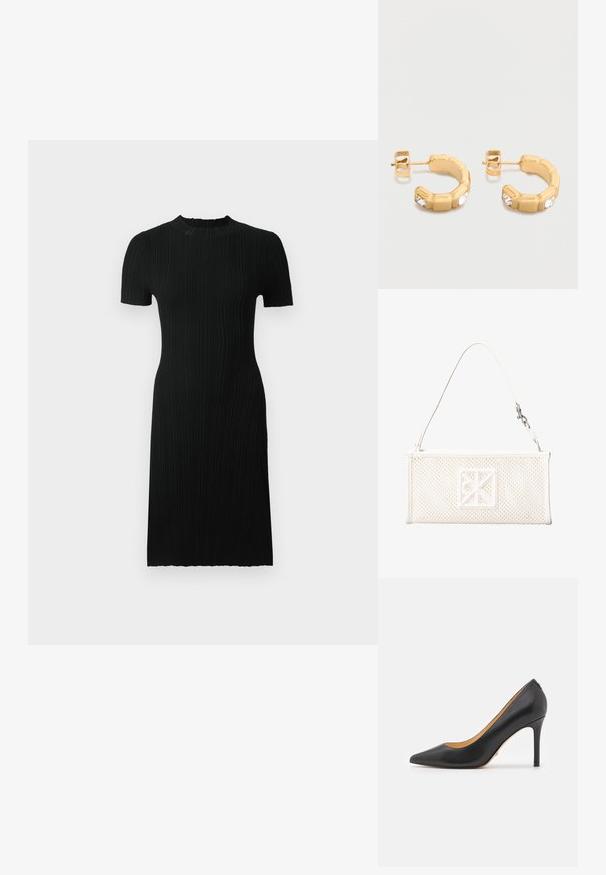 Robe noire côtelée à manches courtes, décolleté rond, silhouette ajustée et longueur genou. Fabriquée en tissu texturé avec des lignes verticales.; Escarpins noirs en cuir à bout pointu avec un talon aiguille, présentant une texture lisse et un design minimaliste. Intérieur doublé de couleur beige.; Sac à main rectangulaire en maille blanche avec une seule bandoulière et un emblème décoratif carré sur le devant.; Petites boucles d'oreilles créoles en or composées de segments rectangulaires, chacun orné d'une pierre précieuse claire sur le devant, avec des fermoirs à tige.