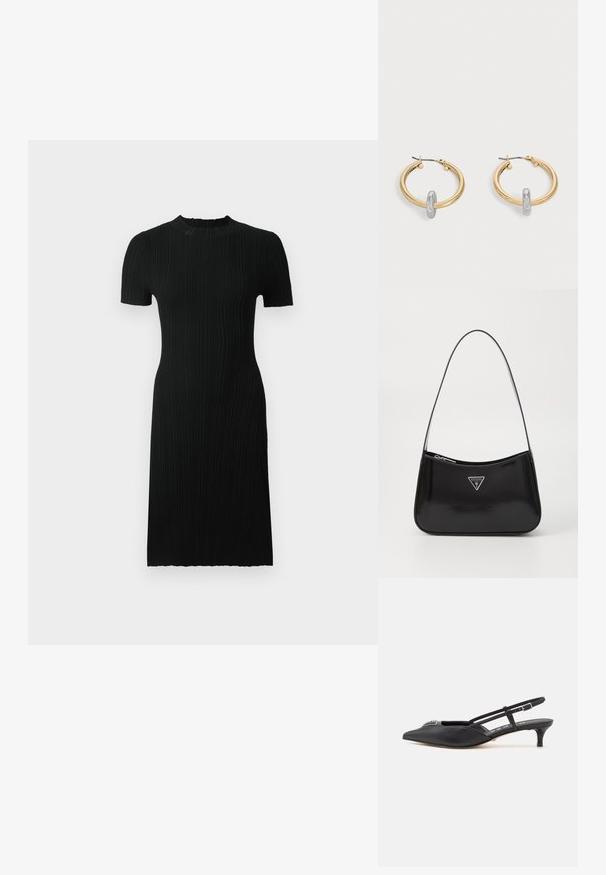 Vestido negro de canalé con mangas cortas, escote redondo, silueta ajustada y hasta la rodilla. Hecho de una tela texturizada con líneas verticales.; Zapatos slingback negros con punta afilada, hechos de material suave, con un pequeño tacón y un acento decorativo plateado en el empeine.; Bolso de hombro de charol negro con forma curva, que presenta un logotipo triangular plateado y un cierre de cremallera. Textura suave y correa delgada.; Par de pendientes de aro en tono dorado con pequeño detalle de aro en tono plateado en cada uno, expuestos sobre un fondo gris claro.
