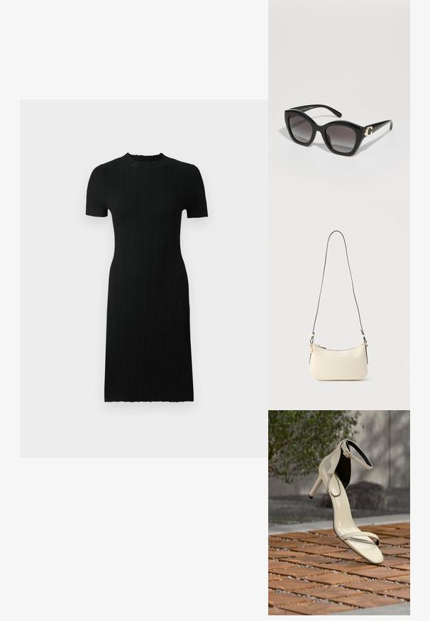 Sort ribbet kjole med korte ærmer, rund neckline, tætsiddende silhuet og knælang. Fremstillet af tekstureret stof med lodrette linjer.; Beige sandal med høj hæl og ankelrem stående på træsplinter udendørs, med sløret grønt område og betonbaggrund.; Sorte solbriller med en dristig katteøjeform, udstyret med grå gradientlinser og en gylden "G"-accent på siden. Fremstillet af blank plastik.; Lille cremefarvet skuldertaske i læder med tynd sort rem, guldfarvet lynlås og lille gyldent BOSS-logo foran.