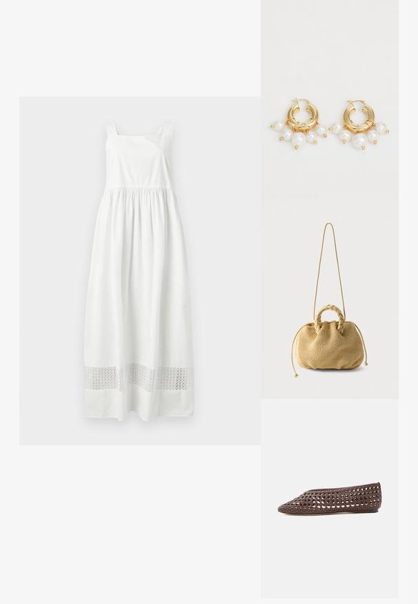 Robe longue blanche sans manches avec taille froncée et bande découpée à motifs près de l'ourlet, présentée sur fond gris.; Chaussure plate marron avec un motif ajouré tissé et un bout rond fermé, vue de profil sur un fond clair.; Sac à main tissé beige avec poignées supérieures tressées, côtés à cordon de serrage et une longue bandoulière fine sur fond blanc uni.; Boucles d'oreilles en or en forme de créoles, ornées de trois perles blanches pendantes, maintenues par des accents en fil. Fini métallique lisse avec un aspect poli.