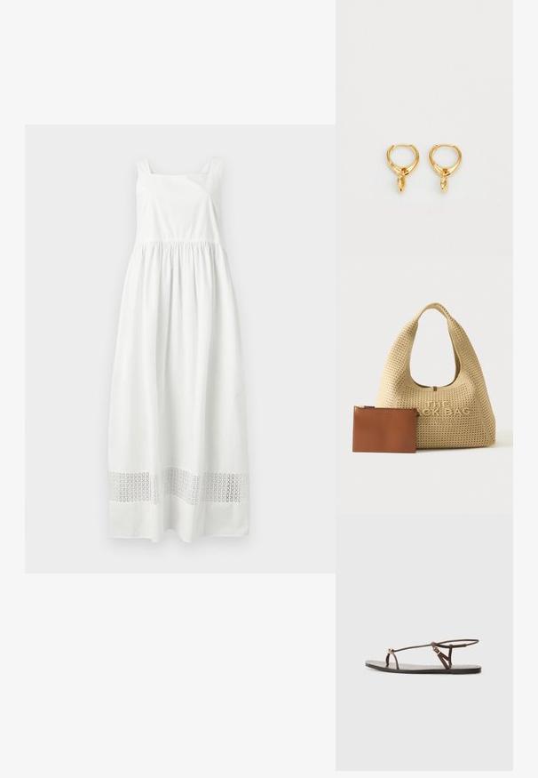 Robe longue blanche sans manches avec taille froncée et bande découpée à motifs près de l'ourlet, présentée sur fond gris.; Sandale en cuir marron avec des fines lanières, un accent circulaire doré et une semelle plate. Design minimaliste avec un détail de boucle réglable.; Sac à main tissé beige Marc Jacobs avec grande poignée et nom de marque embossé, à côté d'une petite pochette en cuir marron avec fermeture éclair.; Boucles d'oreilles en or avec une finition métallique lisse, ornées d'un charme en forme de goutte suspendu à chaque anneau. Design simple avec une texture brillante.