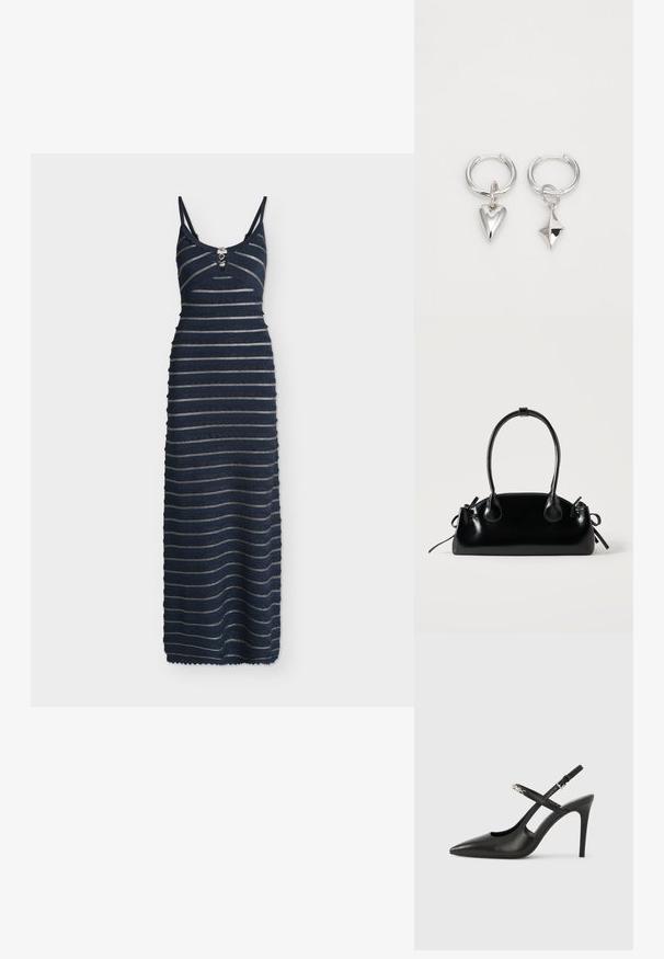 Robe longue sans manches bleu marine avec fines bretelles, rayures argentées horizontales et boutons décoratifs à l'encolure en V.; Escarpins slingback en cuir noir avec bout pointu, design ajouré et bride ajustable ornée de ferrures métalliques.; Petit sac à main noir brillant avec deux longues anses et des détails à cordon sur les côtés sur un fond clair uni.; Boucles d'oreilles en argent en forme de créoles, ornées d'un cœur et d'un pendentif en forme de diamant. Texture lisse avec une finition polie.
