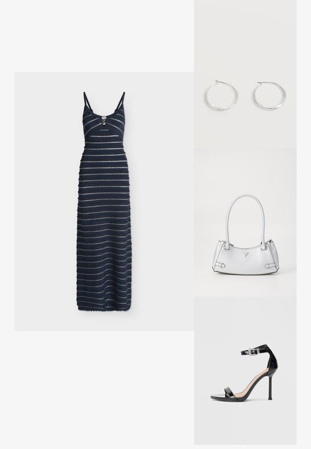 Robe longue sans manches bleu marine avec fines bretelles, rayures argentées horizontales et boutons décoratifs à l'encolure en V.; Sandale à talon haut en cuir verni noir avec bride à la cheville. Présente un design minimaliste, un bout ouvert et une boucle ornée de strass.; Sac à main argenté avec un design structuré, doté de deux poignées, d'une texture brillante, de quincaillerie accentuée et d'un logo triangulaire sur le devant.; Boucles d’oreilles créoles en métal argenté avec une surface lisse légèrement incurvée et des fermoirs à clapet sur un fond blanc uni.
