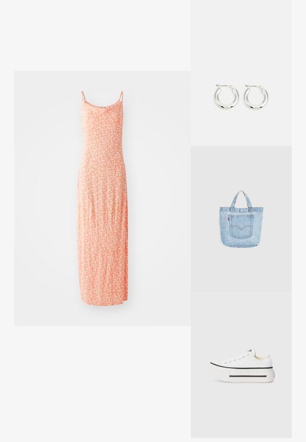 Robe maxi en doux mélange de coton, de couleur orange clair avec un motif floral blanc, à fines bretelles et à la silhouette ajustée.; Baskets platform blanches en toile avec semelle en caoutchouc noire, bout rond, et œillets en métal, présentant un design simple et épuré.; Sac fourre-tout en denim bleu clair avec doubles poignées et poche avant avec surpiqûres orange et une petite étiquette en tissu rouge.; Boucles d'oreilles en argent avec une finition polie, présentant une forme circulaire et une fermeture à charnière. Texture lisse avec un minimum de détails.