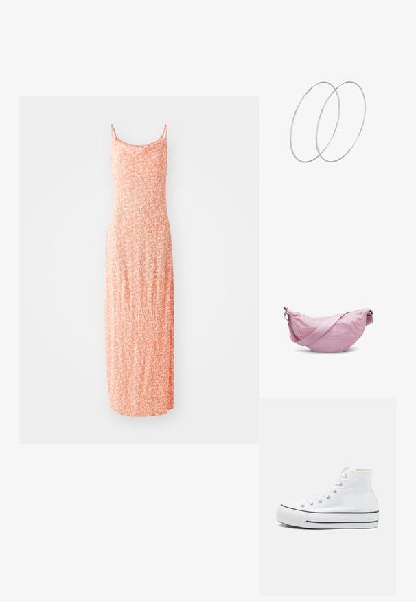 Robe maxi en doux mélange de coton, de couleur orange clair avec un motif floral blanc, à fines bretelles et à la silhouette ajustée.; Baskets montantes blanches en toile, semelle en caoutchouc noir et bande noire contrastante sur la semelle intermédiaire. Bout rond et design à lacets.; Sac à épaule en mesh rose avec une forme incurvée, doté d'une bandoulière lisse et d'une fermeture éclair. Le matériau texturé améliore la respirabilité.; Boucles d'oreilles en argent au design minimaliste. Forme circulaire, texture lisse et profil fin. Légères avec une finition polie.