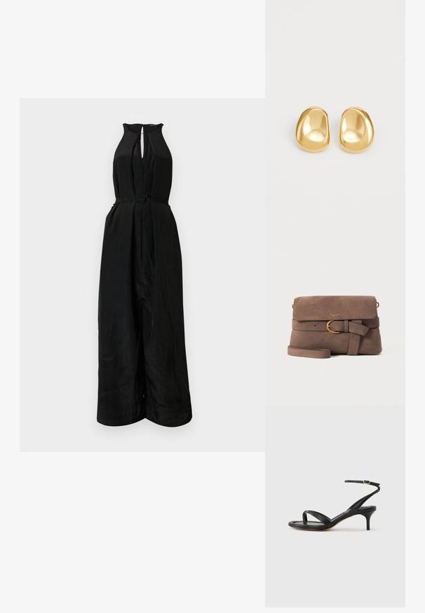 Combinaison noire avec un col halter, un décolleté en trou de serrure et une taille cintrée. Fabriquée dans un tissu lisse et légèrement texturé, elle dispose d'une ceinture à nouer.; Sandale pour femme en cuir noir avec fines lanières, une boucle d'orteil, une boucle à la cheville et un talon aiguille de hauteur moyenne sur un fond neutre.; Sac bandoulière en daim marron avec rabat avant, sangle décorative avec boucle dorée et fine bandoulière sur fond blanc.; Boucles d'oreilles en forme de clou de couleur or, avec une forme lisse et arrondie et une surface réfléchissante, mettant en avant un design minimaliste sans motifs visibles.