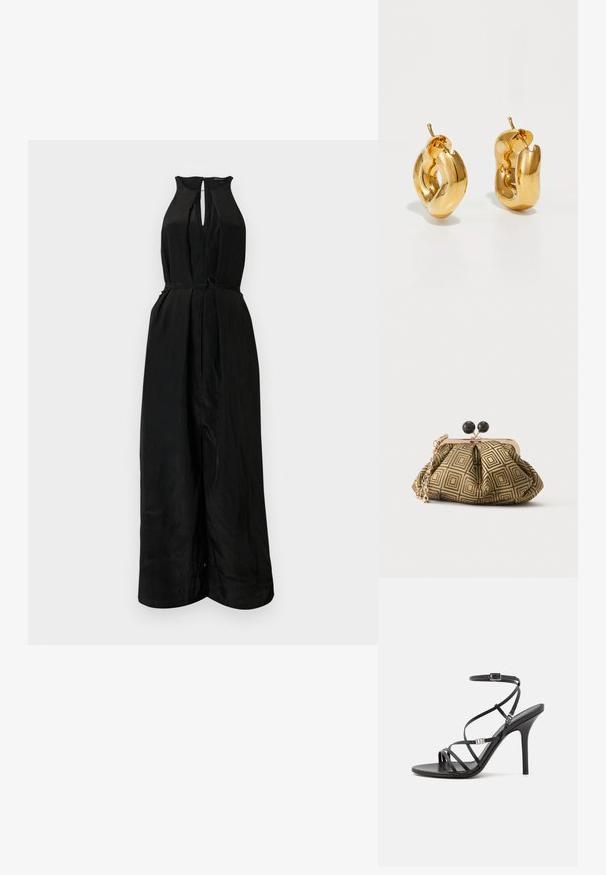 Combinaison noire avec un col halter, un décolleté en trou de serrure et une taille cintrée. Fabriquée dans un tissu lisse et légèrement texturé, elle dispose d'une ceinture à nouer.; Sandale noire à talons hauts avec des brides fines, une boucle à la cheville, une surface en cuir lisse et un talon aiguille élancé.; Petite pochette avec motif géométrique doré et noir, cadre en métal doré, fermeture à boule noire et une courte chaîne dorée.; Boucles d'oreilles créoles en or massif avec un design tubulaire légèrement tordu et des fermoirs à tige sur un fond blanc.