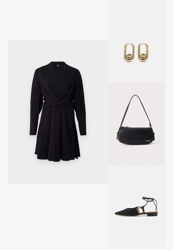 Vestido negro ajustado de tejido suave, con mangas largas, escote en V y falda acampanada, diseñado para una silueta entallada.; Zapato plano negro con punta afilada, parte superior texturizada, lazos en los tobillos y un tacón bajo cuadrado. Presenta un patrón sutil en el material.; Bolso de hombro de cuero negro con solapa curva, logo dorado "HUGO" en el frente y una correa ajustable.; BOSS DOUBLE B SWING - Pendientes - gold-coloured