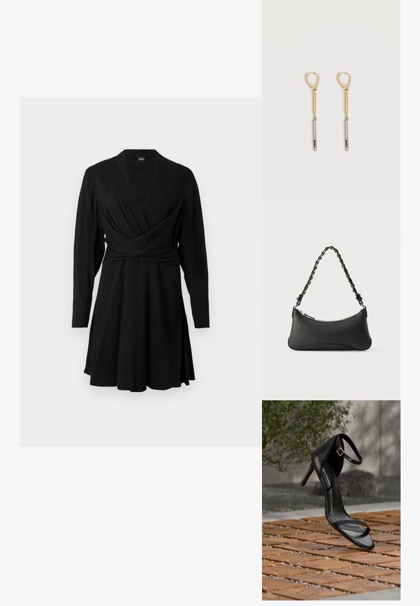 Vestido negro ajustado de tejido suave, con mangas largas, escote en V y falda acampanada, diseñado para una silueta entallada.; Sandalia negra de tacón alto con correa en el tobillo, parece suspendida sobre un suelo de baldosas de madera al aire libre, con un fondo difuminado de vegetación y piedra.; Bolso de hombro de cuero negro con forma rectangular curvada, cadena dorada entrelazada en una correa negra trenzada y cierre superior con cremallera.; Pendientes colgantes de oro y plata con cierres de palanca, que presentan una barra de oro unida a una barra de plata grabada con "DKNY" sobre un fondo blanco.