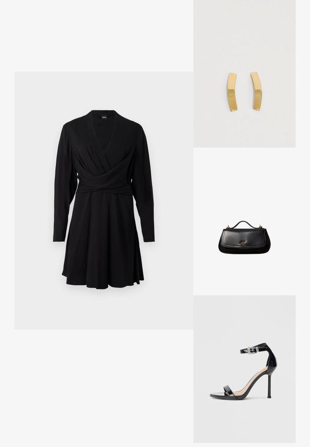 Vestido negro ajustado de tejido suave, con mangas largas, escote en V y falda acampanada, diseñado para una silueta entallada.; Sandalia de tacón alto en piel sintética negra con correa en el tobillo. Presenta un diseño minimalista, punta abierta y una hebilla con detalles de pedrería.; Bolso de mano negro de piel con un asa pequeña, logo "cK" en tono dorado en la solapa frontal y detalles de herrajes dorados.; Pendientes de metal en tono dorado con un diseño curvado y alargado. La superficie es lisa y pulida, presentando un estilo minimalista.