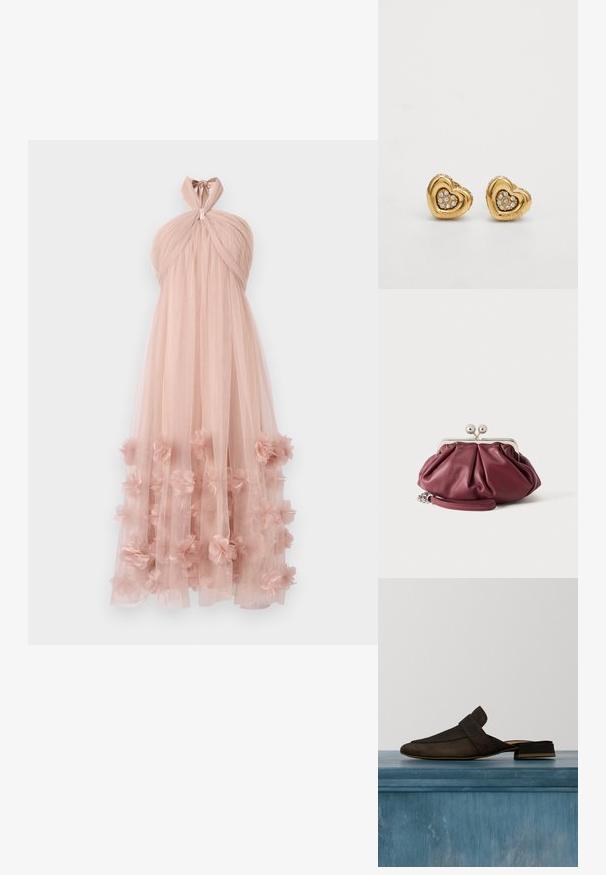 Draped halter-neck jurk van zachte roze tule, met gelaagde bloemenapplicaties aan de zoom, wat zorgt voor een delicate, gestructureerde uitstraling.; Donkerbruine leren instapper loafer met lage blokhak, puntige neus en banddetail, zwevend boven een lichtgrijze vloer.; Kleine bordeauxrode leren clutch met zilveren metalen gesp en polsriem op een witte achtergrond.; Gouden hartvormige oorbellen met een cluster heldere kristallen in het midden, met een gladde, glanzende afwerking en gegraveerde merknaam.