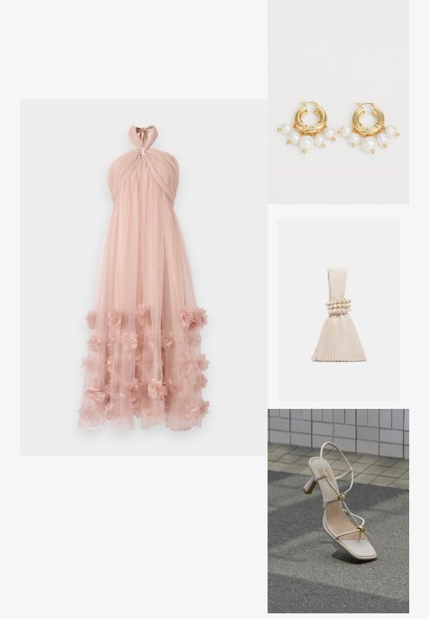 Draped halter-neck jurk van zachte roze tule, met gelaagde bloemenapplicaties aan de zoom, wat zorgt voor een delicate, gestructureerde uitstraling.; Beige sandaal met hak en bandjes, voorzien van een gouden gesp en een decoratieve gouden bol, op een geplaveide ondergrond bij een betegelde muur.; Kleine beige handtas met plooien, voorzien van een geknoopt handvat en drie ronde kralenarmbanden die rond het midden zijn gewikkeld.; Gouden oorbellen in de vorm van een ring met drie hangende witte parels, vastgezet met draadaccenten. Glad metalen afwerking met een gepolijste uitstraling.