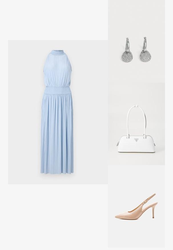 Vestido midi sin mangas de color azul claro con textura plisada y cintura fruncida. El diseño presenta un escote alto y una falda fluida.; Zapato slingback de tacón alto de piel patentada beige con punta puntiaguda y pequeño detalle de hebilla dorada en la correa.; Bolso de cuero blanco con forma curva, que presenta un logo triangular plateado y cierre de cremallera. Textura lisa y dos asas.; Pendientes de aro plateados con colgantes redondos y planos incrustados con pequeños cristales transparentes sobre un fondo claro y liso.
