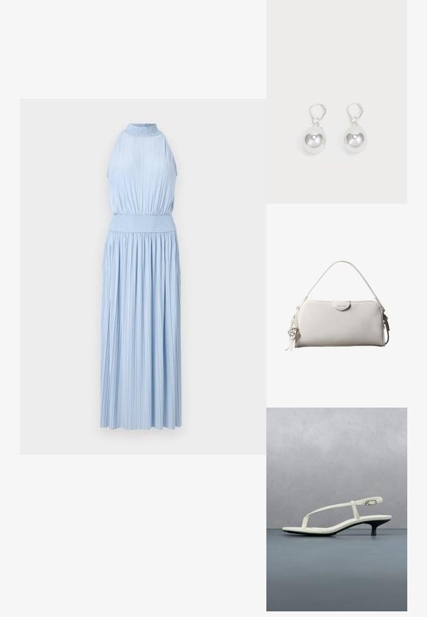 Vestido midi sin mangas de color azul claro con textura plisada y cintura fruncida. El diseño presenta un escote alto y una falda fluida.; Sandalia blanca de tacón kitten con tiras y punta afilada, flotando sobre un suelo de baldosas de madera al aire libre, con un fondo desenfocado de plantas y pared.; Bolso rectangular blanco de Calvin Klein con un solo asa, diseño minimalista y borlas decorativas con un charm metálico geométrico en el lateral.; Pendientes de plata en forma de gota con superficies redondas y reflectantes colgando de cierres de palanca. El fondo es blanco liso.
