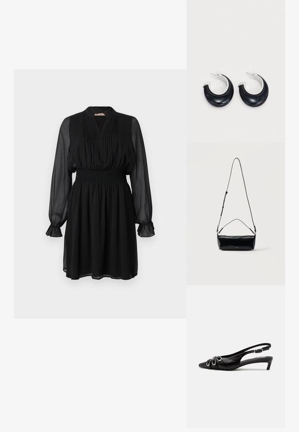 Schwarzes Kleid mit langen, durchsichtigen Ärmeln, einem plisseeartigen Ausschnitt, gesmocksämtlichem Taillenbereich und einem ausgestellten Rock. Der Stoff hat eine leichte, strukturierten Optik.; Schwarzer Lederslingback mit spitzer Spitze, drei silbernen Schnallen vorne und niedrigem Kittenabsatz auf weißem Hintergrund.; Schwarze rechteckige Leder-Umhängetasche mit verstellbarem Schulterriemen, Reißverschluss oben und kleinem goldfarbenem Calvin Klein-Logo vorne.; Schwarze Harz-Hoops mit glänzender Oberfläche und silberfarbenen Hardware-Details. Zirkulare Form mit Ausschnitt und Post-Back-Verschluss.