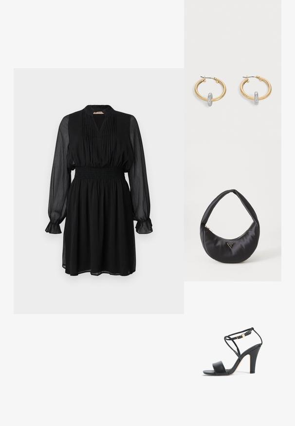 Schwarzes Kleid mit langen, durchsichtigen Ärmeln, einem plisseeartigen Ausschnitt, gesmocksämtlichem Taillenbereich und einem ausgestellten Rock. Der Stoff hat eine leichte, strukturierten Optik.; Schwarze Sandale mit hohem Absatz, dünnem Knöchelriemen, goldener Schnalle, offenem Zehenbereich und Blockabsatz, seitlich auf weißem Hintergrund dargestellt.; Schwarze Satin-Handtasche mit geschwungener Form, ausgestattet mit einem Reißverschluss und einem dreieckigen Metallsymbol auf der Vorderseite. Glatte Textur und elegantes Design.; Paar goldfarbene Creolen mit kleinem silberfarbenem Schlaufen-Detail an jeder, vor hellem grauem Hintergrund präsentiert.