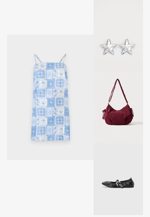 Vestido sin mangas de color azul claro con diseño de patchwork cuadrado, presenta patrones florales y de conchas, tirantes ajustables y dobladillo recto.; Zapato plano de piel negra con puntera afilada, detalle fruncido alrededor de la abertura y un acento de hebilla plateada en la correa ajustable.; Bolso de hombro de pana en color granate suave con correa ajustable, cierre de cremallera, lazos laterales y un bolsillo delantero con cremallera.; Pendientes en forma de estrella plateada con una superficie pulida y brillante. Cada pendiente presenta cinco puntas y sutiles detalles de textura en la superficie.