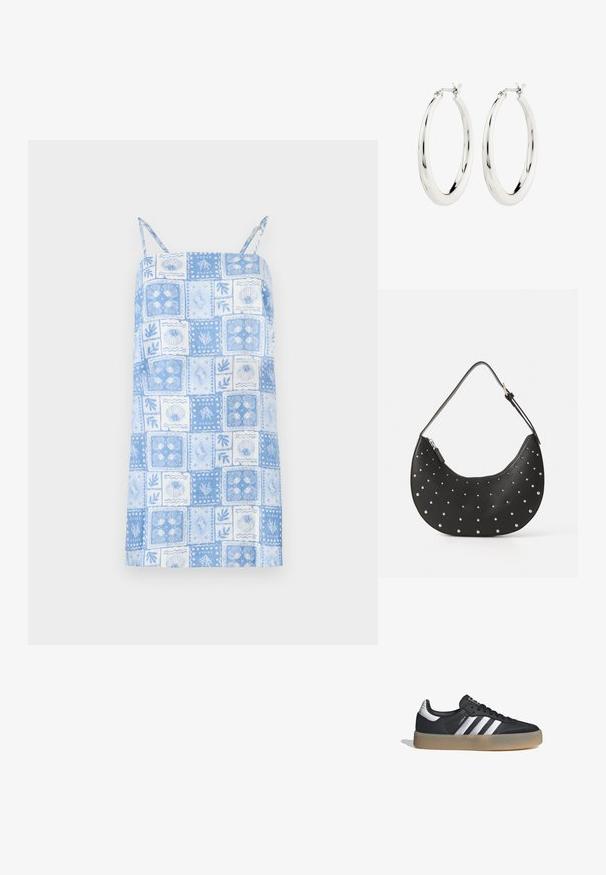 Vestido sin mangas de color azul claro con diseño de patchwork cuadrado, presenta patrones florales y de conchas, tirantes ajustables y dobladillo recto.; Zapatilla deportiva de cuero negro con tres rayas plateadas, punta texturizada y suela de goma. Cuenta con un collar acolchado y un diseño con cordones.; Bolso de mano de cuero negro con forma curva, adornado con tachuelas plateadas, cuenta con cierre de cremallera y una sola correa ajustable.; Pendientes de aro de plata con un acabado suave y brillante. Forma circular, con un cierre seguro. Diseño sencillo y elegante.