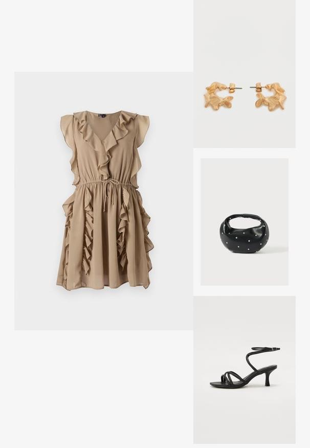 Vestido beige con escote en V, mangas acampanadas y volantes verticales a lo largo del cuerpo y la falda. Cuenta con una cintura ajustable con cordón.; Even&Odd Wide Fit by Zalando Sandalias - black; Bolso de mano de cuero negro con forma redondeada, decorado con detalles de tachuelas plateadas y un asa corta. Textura lisa y cierre con cremallera.; Pendientes de tono dorado con una forma abstracta y orgánica, que presentan una superficie texturizada y un cierre de poste trasero.