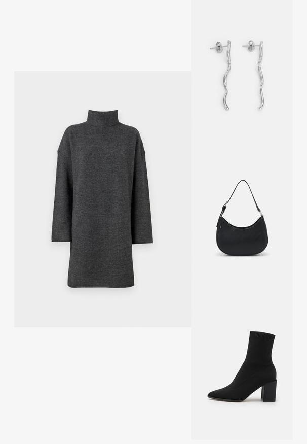 Suéter de cuello alto oversized de color gris oscuro, hecho de un suave material de punto con hombros caídos y mangas largas, que presenta un cuello grueso con canalé.; Botín negro de tobillo hecho de tejido elástico, con punta afilada y tacón cuadrado, con ribetes en la parte superior.; Bolso hobo negro hecho de cuero suave con una silueta curva, que cuenta con una sola correa ajustable y detalles de diseño minimalistas.; Pendientes de metal plateado con diseño ondulado, que cuentan con dos elementos alargados interconectados. Textura suave y acabado pulido. Cierre de tipo presión.