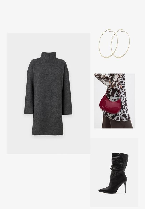 Donkergrijze oversized coltrui gemaakt van zachte breimateriaal met verlaagde schouders en lange mouwen, voorzien van een chunky ribbelkraag.; Even&Odd Wide Fit by Zalando Lage laarzen - black; Vrouw met een zwart-wit gebloemde blouse houdt een glanzende rode schoudertas vast tegen een effen achtergrond.; Pilgrim Oorbellen - gold-coloured