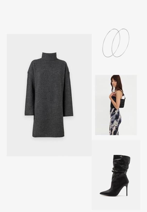 Tmavohnedý oversized rolák vyrobený z mäkkej pleteniny, s padnutými ramenami a dlhými rukávmi, s výrazným rebrovaným golierom.; Even&Odd Wide Fit by Zalando Členkové čižmy na vysokom opätku - black; Čierna prešívaná kabelka na rameno s jedným popruhom a striebornými detailmi, skombinovaná s priliehavými šatami s batikovaným vzorom v odtieňoch čiernej a smotanovej.; Strieborné kruhové náušnice s minimalistickým dizajnom. Cirkulárny tvar, hladký povrch a tenký profil. Ľahké s lesklým povrchom.