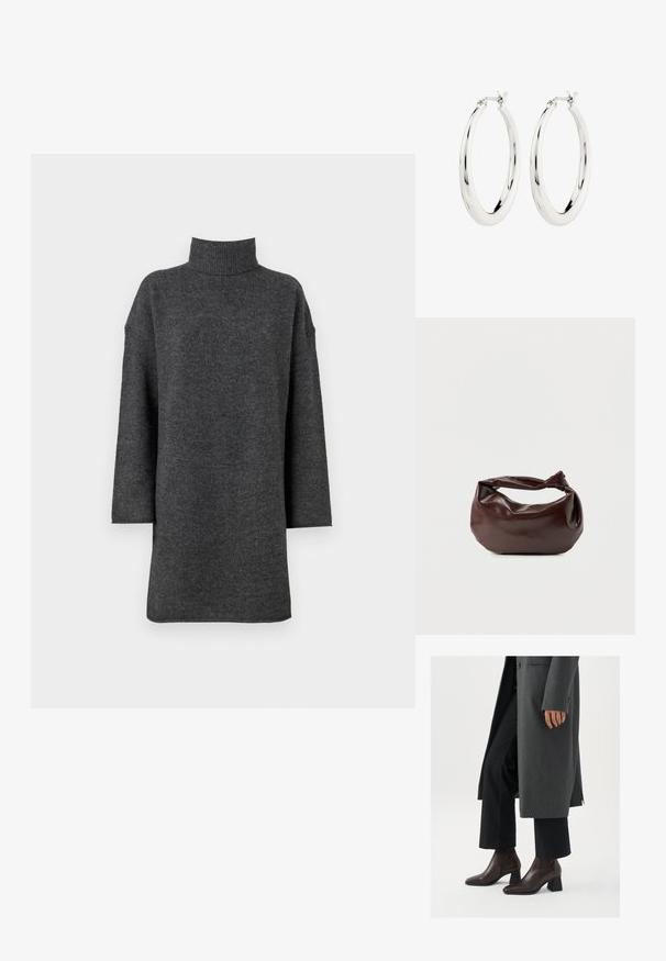 Mørkegrå oversized turtleneck sweater lavet af blødt strikmateriale med dropped shoulders og lange ærmer, der har en chunky ribbet krave.; Højhælede ankelstøvler i mørkebrunt læder med spids tå og blokhæl, parret med sorte bukser og en grå frakke.; Mørkebrun læder skuldertaske med en blød, afslappet form og et snoet knudehåndtag på en ensartet hvid baggrund.; Sølvøreringe i form af hoops med en glat, blank finish. Cirkulær form, der har en sikker lås. Simpelt og elegant design.