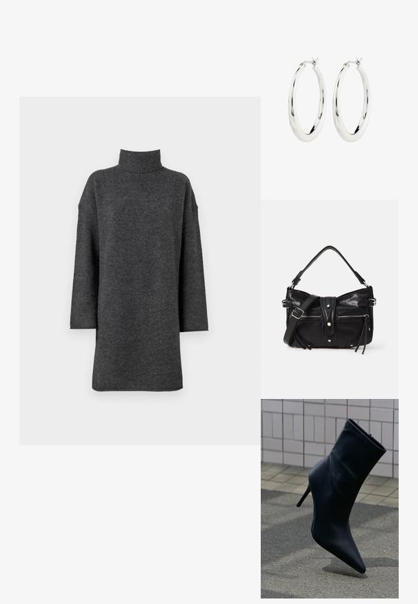 Dunkelgrauer, übergroßer Rollkragenpullover aus weichem Strickmaterial mit überschnittenen Schultern und langen Ärmeln, ausgestattet mit einem grob gerippten Kragen.; Schwarzer Leder-Stiefelette mit spitzer Schuhspitze und hohem Stiletto-Absatz auf gefliestem Gehweg und Asphaltboden im Hintergrund.; Even&Odd by Zalando H24462 - Handtasche - black; Silberne Creolen mit einer glatten, glänzenden Oberfläche. Kreisform, ausgestattet mit einem sicheren Verschluss. Einfaches und elegantes Design.