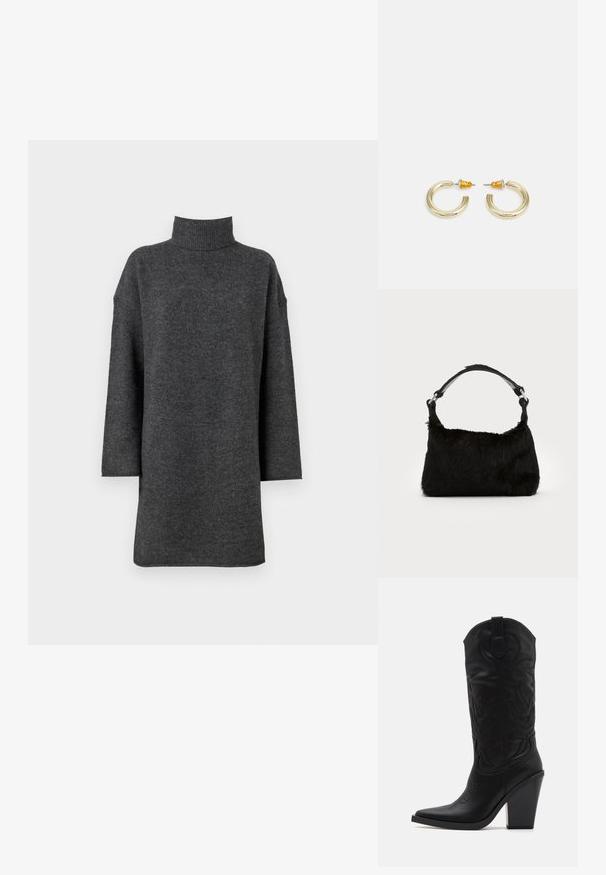 Dunkelgrauer, übergroßer Rollkragenpullover aus weichem Strickmaterial mit überschnittenen Schultern und langen Ärmeln, ausgestattet mit einem grob gerippten Kragen.; Simmi London DANIQUE - High Heel Stiefel - black; Schwarze Kunstfell-Handtasche mit weicher Textur, runder Form und einem stabilen schwarzen Leder-Schulterriemen. Sichtbare silberne Hardware-Akzente.; Goldfarbene Creolen mit einer glatten, abgerundeten Form und einer polierten Oberfläche. Mit orangefarbenen Akzenten auf der Rückseite für sicheren Halt.