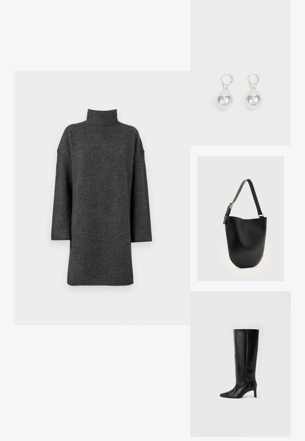 Tumehall oversized kõrge kaelusega kampsun, mis on valmistatud pehmest kudumisest, kukkunud õlgade ja pikkade varrukatega, koos karmi ribaga kaelusega.; Mustad põlveni ulatuvad saapad, valmistatud siledast nahast, terava nina ja kitsaste kontsadega, kitseneva sääremuhviga ja minimalistliku disainiga.; Mustast nahast ämbrikujuline kott reguleeritava õlarihma ja kuldse pannalaga tavalise helehalli tausta peal.; Hõbedased langenud kõrvarõngad, millel on siledad, ümmargused, peegeldavad pinnad, mis ripuvad klamberkinnituselt. Taust on lihtne valge.