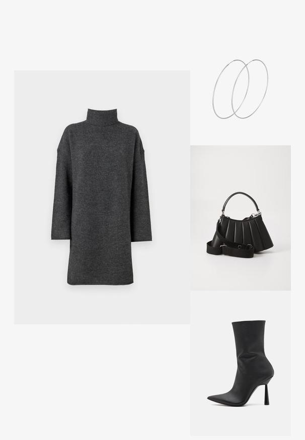 Dunkelgrauer, übergroßer Rollkragenpullover aus weichem Strickmaterial mit überschnittenen Schultern und langen Ärmeln, ausgestattet mit einem grob gerippten Kragen.; Schwarze Leder-Stiefelette mit spitzem Zeh, schlanker Silhouette und hohen Stiletto-Absätzen. Glatte Oberfläche mit minimalistischen Designelementen.; Schwarze, gefaltete Handtasche mit einem runden Griff, verstellbarem Schulterriemen und glänzender Textur. Verfügt über silberne Hardware und eine strukturierte Silhouette.; Silberne Creolen mit minimalistischem Design. Rundform, glatte Oberfläche und dünnes Profil. Leichtgewichtig mit hochglänzender Oberfläche.