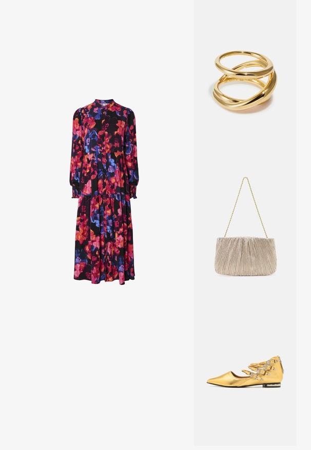 Vestido floral de manga larga con fondo negro y flores en tonos rosa, rojo, púrpura y azul, con botones en la parte delantera y dobladillo en capas.; Zapato plano metálico dorado con punta afilada. Presenta múltiples correas con hebillas plateadas y un tacón bajo con una suela texturizada.; Bolso de mano de tejido metálico plisado con cadena dorada, forma rectangular suave, color beige claro, superficie texturizada y detalles fruncidos.; Anillo de color dorado con bandas onduladas entrelazadas. Superficie suave y brillante con un diseño combinado y superpuesto, y un sutil grabado en el interior.