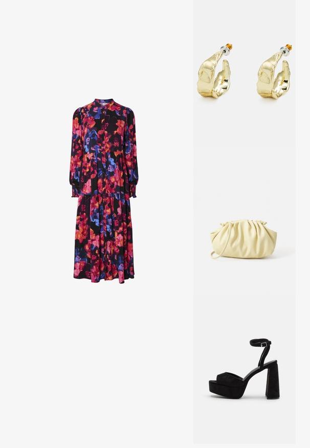 Bloemen jurkje met lange mouwen, een zwarte achtergrond met roze, rode, paarse en blauwe bloemen, een knoopsluiting aan de voorkant en een gelaagde zoom.; Zwarte platform sandalen met een suède textuur, brede voorkantstrap, enkelschoen met gesp en chunky blokhak. Strak en modern ontwerp.; Geel geplooide handtas van soepel nepleer, met een zachte vorm, een enkele schouderriem en een verzameld ontwerp aan de bovenkant.; Goudkleurige oorbellen in de vorm van abstracte handen, met een glanzend oppervlak, ingewikkelde details en een zilver- en goudkleurige post voor een veilige bevestiging.