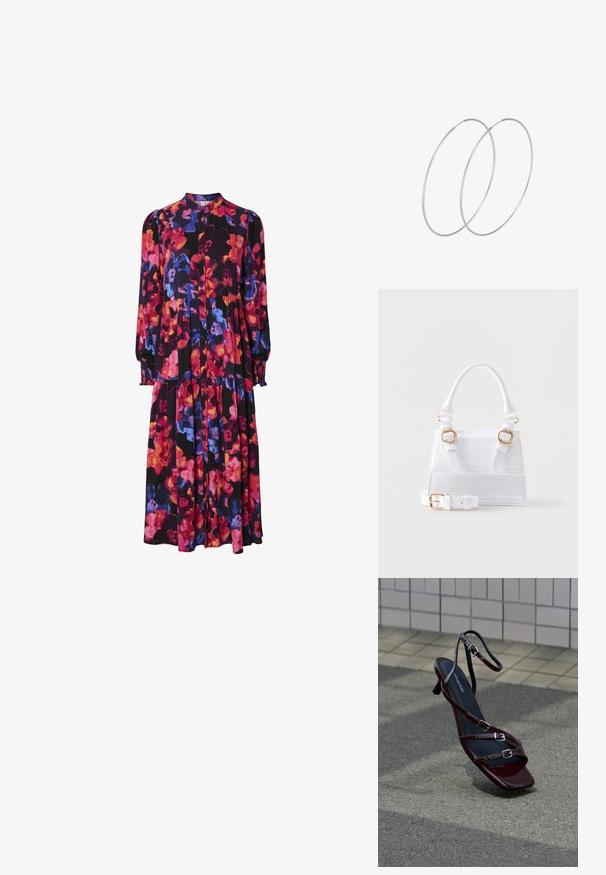 Blomsterprintet nederdel med lange ærmer, der har en sort baggrund med lyserøde, røde, lilla og blå blomster, knaplukning foran og flertrins nederste kant.; Mørkerød højhælet sandal med stropper og spænder på asfaltbelægning og flisevæg i baggrunden.; Hvid struktureret håndtaske med tophåndtag, to spænder i guldfarve på forsiden og en aftagelig justerbar skulderrem.; Sølvøreringe med et minimalistisk design. Cirkulær form, glat tekstur og tynd profil. Letvægtige med en poleret overflade.