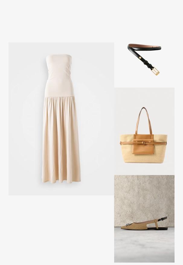 Beige strapless maxikleed met een aansluitend lijfje en een vloeiende, geplooide rok, gemaakt van zacht stof, met een gladde textuur over het hele oppervlak.; Beige gevlochten slingback platte schoen met zwarte gespsriem en zilveren decoratief embleem op de puntige neus, binnen tentoongesteld op een crème tapijt.; Grote beige geweven draagtas met twee bruine leren handvatten, een leren voorvak en een horizontale leren riem met een knoopdetail.; Zwarte leren riem met een textuurafwerking, gouden metalen gesp en een lichtroze binnenkant. Beschikt over meerdere gaatjes voor aanpassing.