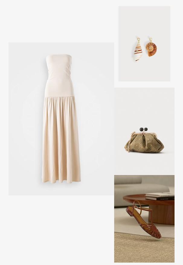 Beige strapless maxikleed met een aansluitend lijfje en een vloeiende, geplooide rok, gemaakt van zacht stof, met een gladde textuur over het hele oppervlak.; Rode sandaal met bandjes, een getextureerde afwerking en een open teenontwerp, voorzien van een dunne enkelband en een lage hak.; Kleine clutch tas met goud-zwart geometrisch patroon, goudkleurig metalen frame, zwarte bolsluiting en een korte gouden kettingband.; Asymmetrische oorbellen met schelpenhangers, gouden studs met pareltoppen en kleine ingelegde heldere edelstenen op elke schelp.
