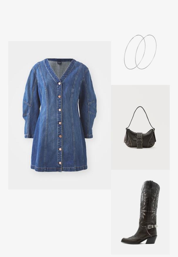 Blaues Jeanskleid mit V-Ausschnitt, langen Ärmeln und durchgehender Knopfreihe. Verfügt über kontrastierende Nähte und Taschen an den Seiten.; Schwarzer Leder-Cowboystiefel mit dekorativen Ausschnitten, silberner Schnalle und schräger Ferse, auf weißem Hintergrund dargestellt.; Schwarze Leder-Schultertasche mit Schnallengurt-Detail, abgerundeten Kanten und kontrastierenden weißen Nähten auf schlichtem Hintergrund.; Silberne Creolen mit minimalistischem Design. Rundform, glatte Oberfläche und dünnes Profil. Leichtgewichtig mit hochglänzender Oberfläche.
