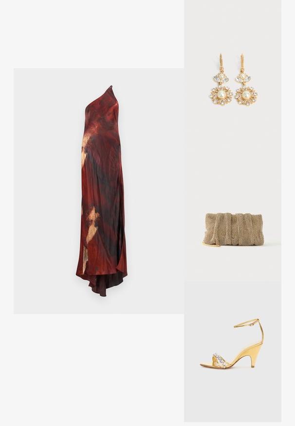 Robe asymétrique en tissu fluide, présentant un imprimé abstrait rouge et noir riche avec des accents dorés. L'ourlet asymétrique ajoute un intérêt visuel.; Sandale à talons dorés avec un design à lanières, dotée d'une bande ornée de strass. Bout ouvert, bride de cheville ajustable et talon effilé.; Petit sac pochette en maille dorée avec un design froncé et une bandoulière chaîne dorée partiellement visible sur un fond blanc uni.; Boucles d'oreilles pendantes dorées avec perles centrales, pétales en cristal clair et petits cristaux formant un motif floral sur un fond uni clair.
