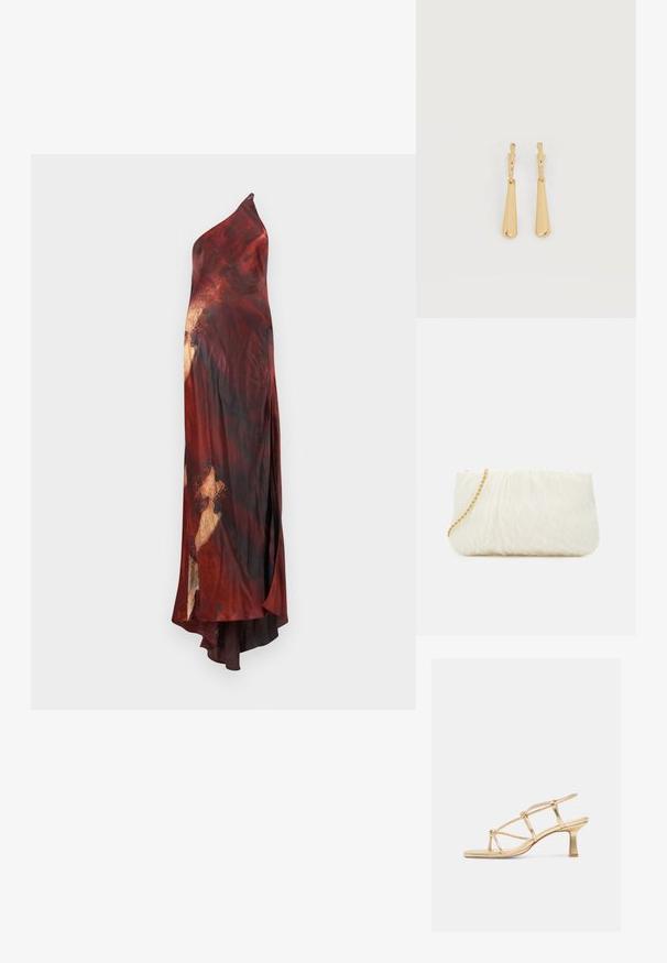 Ein einseitig-tragendes Kleid aus fließendem Stoff, das mit einem reichen rot-schwarzen abstrakten Muster mit goldenen Akzenten versehen ist. Der asymmetrische Saum sorgt für visuelles Interesse.; Goldene Sandale mit Riemchen, niedrigem Blockabsatz und Knöchelriemen, ausgestattet mit dünnen metallischen Riemchen und offenem Zehendesign.; Weiße, strukturierte Clutch mit einem gerafften Design, ausgestattet mit einem goldenen Kettenriemen. Glatte Oberfläche mit subtilen Wellen und abgerundeten Kanten.; Ohrhänger in Gold-Ton mit glatten, länglichen Tropfenanhängern, die an kleinen Creolenverschlüssen hängen, auf weißem Hintergrund.