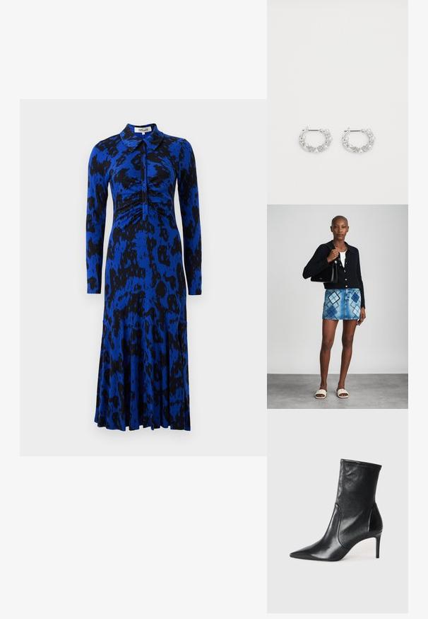 Blauwe jurk met luipaardprint, lange mouwen, kraag, gerimpelde bodice en een uitlopende rok. Gemaakt van een gladde, rekbare stof.; Zwarte enkelboots van soepel leer, met een spitse neus, een aangesloten schacht en een slanke hoge hak. Minimalistisch ontwerp zonder zichtbare hardware.; Zwarte gebreide cardigan, witte top, denimrok met blauw en zwart ruitpatroon, zwarte handtas en beige instapsandalen.; Zilveren oorringen met parel- en kristalaccenten, met een gestructureerd oppervlak en een veilige postsluiting.