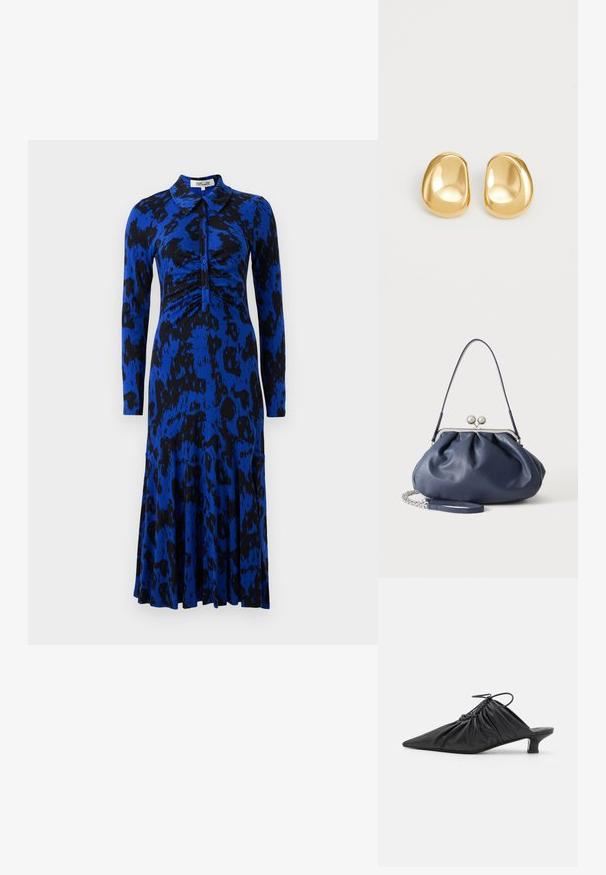 Robe à imprimé léopard bleu avec des manches longues, un col, un corsage froncé et une jupe évasée. Fabriquée dans un tissu lisse et extensible.; Mules noirs en cuir à enfiler avec un bout pointu, une texture froncée et un petit talon aiguille. Présente un détail à cordon au niveau de l'ouverture.; Sac à main en cuir bleu marine doux avec fermeture à boucle argentée, une seule bandoulière, et une chaîne de poignet amovible sur fond blanc.; Boucles d'oreilles en forme de clou de couleur or, avec une forme lisse et arrondie et une surface réfléchissante, mettant en avant un design minimaliste sans motifs visibles.
