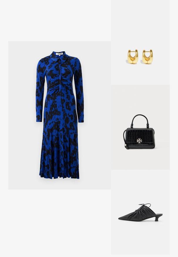 Blå leopardprint kjole med lange ærmer, krave, rynket liv og en udvidet nederdel. Fremstillet af et glat, strækbart stof.; Sorte læder slip-on mules med spids tå, samlet tekstur og en lille kitten heel. Har en snor-detalje ved åbningen.; Sort håndtaske med krokodilletekstur, top-håndtag og sølvspænde, hvilende mod en ensfarvet lys baggrund.; Guld hoops øreringe med et slankt, afrundet design. Har en hul midte og en blank overflade, der komplementerer moderne stilarter.