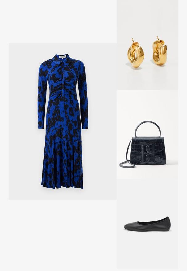 Blauwe jurk met luipaardprint, lange mouwen, kraag, gerimpelde bodice en een uitlopende rok. Gemaakt van een gladde, rekbare stof.; Zwarte leren ballerina met een ronde neus, gladde textuur, minimale stikdetails en een flexibele zoolontwerp.; Zwarte handtas van krokodillleer met een gestructureerd ontwerp, bovenhandvat, verstelbare schouderband en een opvallend voorlogo.; Dik gouden creolen met een licht gedraaide, buisvormige ontwerp en een schroefsluiting op een witte achtergrond.