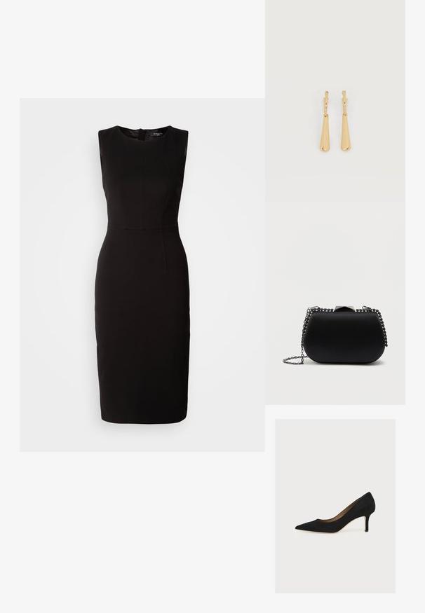 MARCIANO BY GUESS ZIP MIDI DRESS - Robe en jersey - black; Escarpin en daim noir à bout pointu, talon aiguille de hauteur moyenne et semelle intérieure beige sur fond clair.; Pochette noire avec une finition lisse et mate, forme arrondie et une chaîne en métal argenté. Comprend un détail de fermoir géométrique sur le dessus.; Boucles d'oreilles pendantes en ton or avec des pendentifs lisses en forme de goutte allongée suspendus à de petites attaches en forme d'anneau sur un fond blanc.