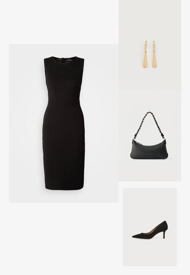 MARCIANO BY GUESS ZIP MIDI DRESS - Jerseykjole - black; Sort ruskindspumpe med spids snude, mellemhøj stiletthæl og tan indersål på en lys baggrund.; Sort skuldertaske i læder med en buet rektangulær form, gyldent kæde vævet ind i en flettet sort rem og toplynlås.; Øreringe i guldfarvet metal med glatte, aflangt dråbeformede vedhæng, der hænger fra små creol-låse på en hvid baggrund.
