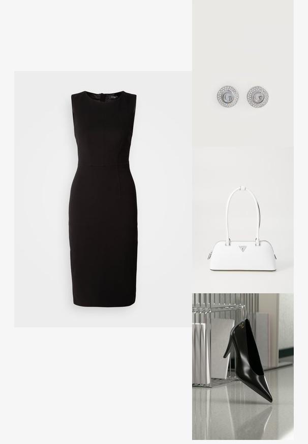 MARCIANO BY GUESS ZIP MIDI DRESS - Jerseykjole - black; Sort højhælet sko med spids tå og guldlogo, placeret på en reflekterende overflade nær en krom trådfilholder med dokumenter.; Hvid lædertaske med en buet form, der har et sølvtrapezlogo og lynlåslukning. Glat tekstur og dobbelthåndtag.; Runde sølv ørestikker med bogstavet G i midten, omgivet af to rækker små klare krystaller.
