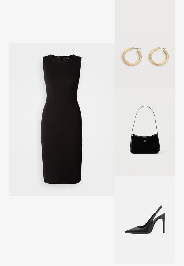 MARCIANO BY GUESS ZIP MIDI DRESS - Jerseykjole - black; Sorte læder højhælede slingback sko med spids tå, der har en tynd hæl og justerbar ankelrem med guldfarvet spænde.; Sort skuldertaske i laklæder med tynd rem, trekantet Guess-logo foran og lynlåslukning i toppen.; Par skinnende gyldne tykke hoop-øreringe med metalstifter på en lys grå baggrund.