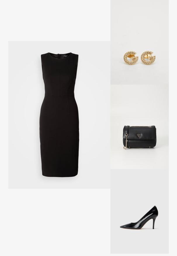 MARCIANO BY GUESS ZIP MIDI DRESS - Jerseykjole - black; Sort højtaljet pumpekappe i laklæder med spids tå, der har en glat tekstur og en slank stiletthæl. Ingen synlige metaldele.; Sort læder skuldertaske med guldkæde og trekantet Guess-logo på frontklappen, sat mod en simpel hvid baggrund.; Guldtonede studøreringe med en signatur 'G' form prydet med klare rhinsten langs kanten, med en glat metallisk finish.